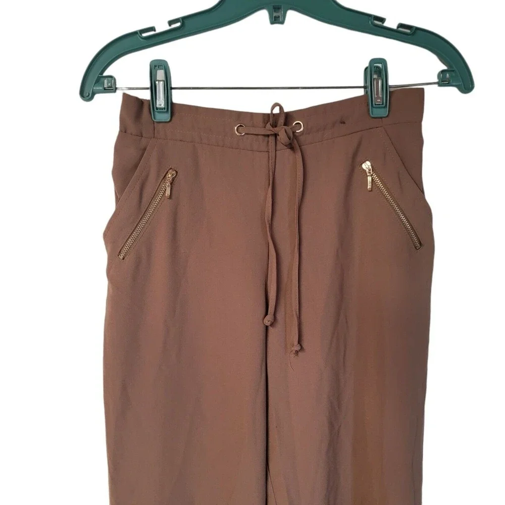 Atmosphere‎ Pants Brown Gold Zip Accents Tie Front Size 8 Paper Bag